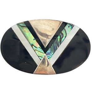 Vintage Oval Brooch Pin Black Enamel Abalone Shell Silver Tone Geometric Design